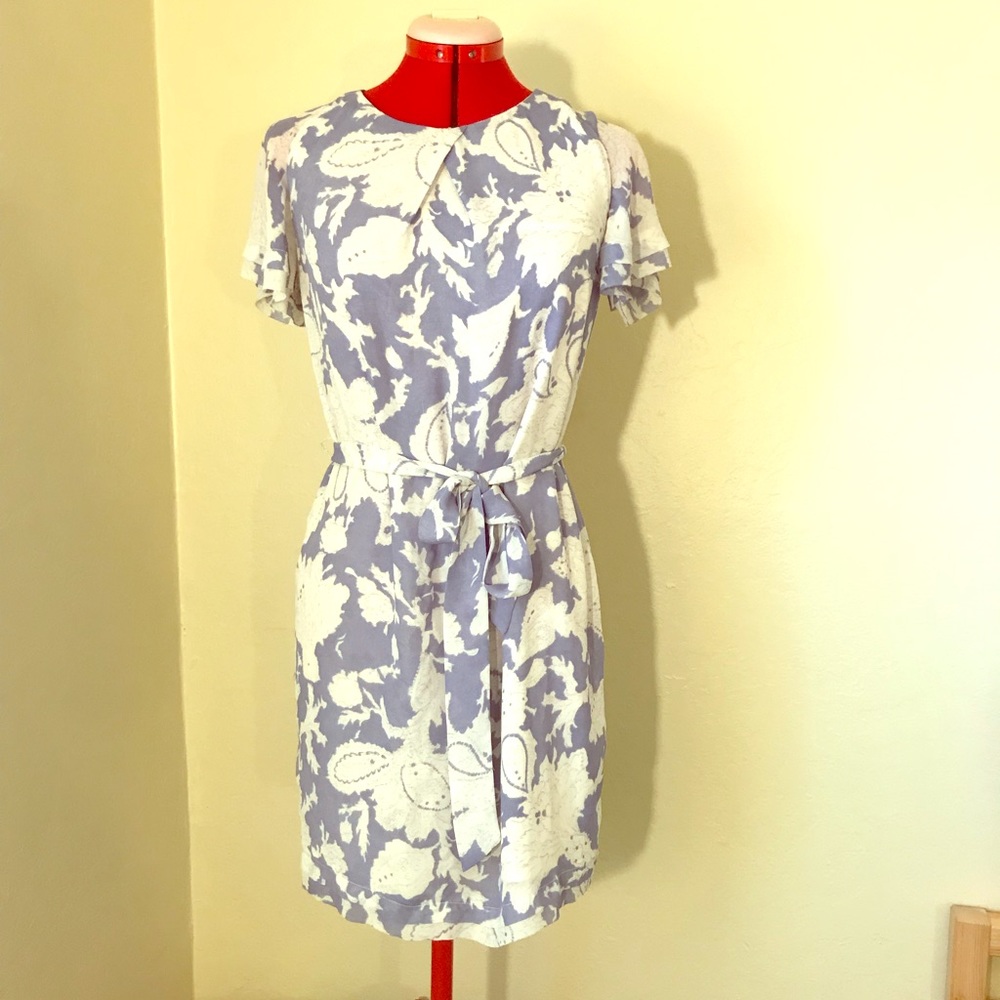 Periwinkle and white paisley tie waist dress